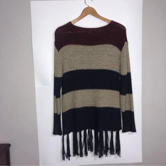Onetheland Tunic Sweater L Wine Tan Blue Blocks Stripe  Fringe Bottom Knit - Picture 11 of 11